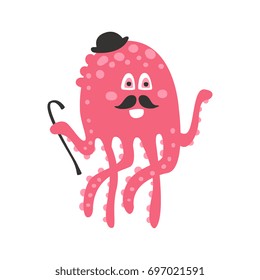 Cute cartoon pink octopus gentleman character with mustache and black hat, funny ocean coral reef animal vector Illustration