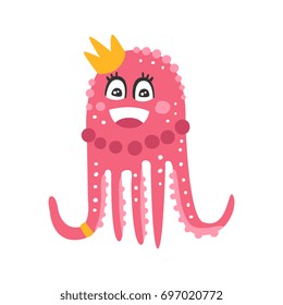 Cute cartoon pink octopus princess character, funny ocean coral reef animal vector Illustration