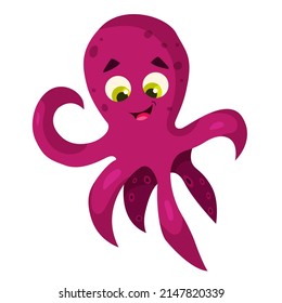 Cute cartoon pink octopus smiling. Underwater animal. Vector clipart isolated on white background.