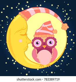 Cute cartoon pink owl in the bell for sleep sitting dormant on the crescent against the night sky with stars