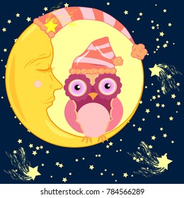 Cute cartoon pink owl in the bell for sleep sitting dormant on the crescent against the night sky with stars