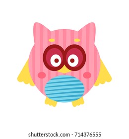 Cute cartoon pink owl bird baby toy, colorful vector Illustration