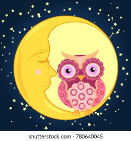 Cute cartoon pink owl with a circular pattern on the wings and the body sits on the slumbering crescent moon in the night sky with stars