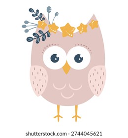 Cute Cartoon Pink Owl Vector Illustration. Kawaii Woodland Character Clipart. Night Bird, Kids Hand Drawn Design.