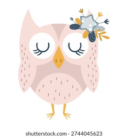 Cute Cartoon Pink Owl Vector Illustration. Kawaii Woodland Character Clipart. Night Bird, Kids Hand Drawn Design.