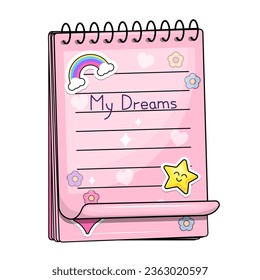 Cute cartoon pink paper notepad with stickers. Vector illustration on a white background.