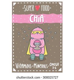 Cute cartoon pink penguin superhero holding mason jar with chia seeds. Chia seeds superfood vector illustration. Adorable animal clip art. Label, tag, sticker design for your package. 