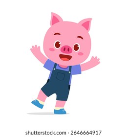 Cute Cartoon Pink Pig in Blue Overalls Smiling and Waving its Arms on White Background