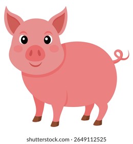 Cute cartoon pink pig. Сolor domestic farm piggy. Suitable for children's books, sticker, mascot, fairy tales, logo. Isolated vector illustration on white background