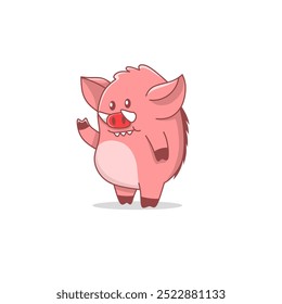 Cute cartoon pink pig is greeting and waving 