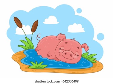 Cute cartoon pink pig lying in a puddle. Farm landscape. Vector illustration for kids
