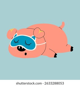 Um porco rosa de desenho animado bonito dormindo tranquilamente enquanto usa uma máscara de sono. Uma ilustração acolhedora e encantadora, perfeita para temas de quarto de dormir