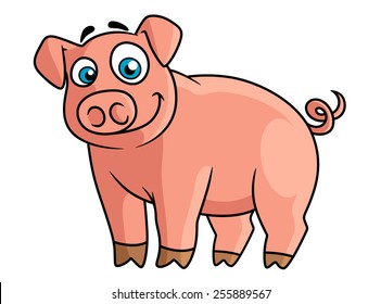 Cute cartoon pink pig with rounded snout, little brown hoofs and funny curly tail suitable for farm animals concept or agriculture design