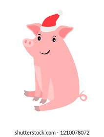 Cute cartoon pink pig in santa hat, on white background, Christmas and New year vector icon