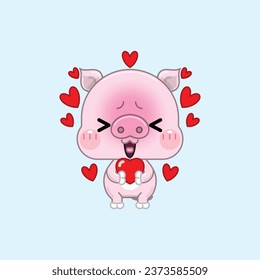 A Cute Cartoon Pink Pig, Shy and Falling in Love, Holding a Big Heart, Surrounded by Many Little Hearts. Vector Illustration.