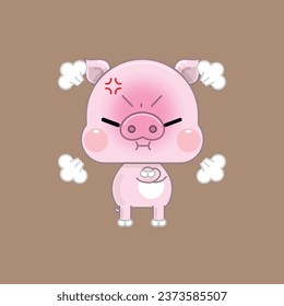 A Cute Cartoon Pink Pig, Standing with His Arms Crossed. Extremely Angry, and Steaming Smoke from His Head. Vector Illustration.