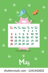 Cute cartoon pink pig the symbol of chinese year 2019. Calendar graphic design green color page of spring month may in new year. Funny Piggy  catches butterflies. Vector illustration