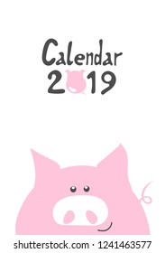 Cute cartoon pink pig the symbol of chinese new year 2019. Calendar graphic design cover page. Funny Piggy. Vector illustration