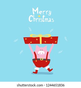 Cute cartoon pink pig the symbol of chinese year 2019. Greeting card graphic design. Funny Piggy in santa boots with gift box. Holiday decoration with font Merry Christmas. Vector illustration