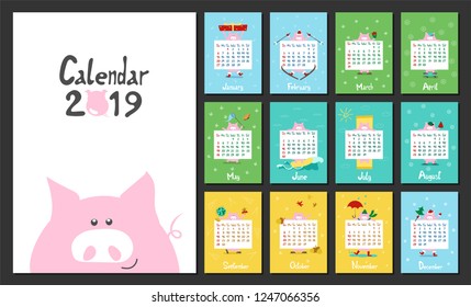 Cute cartoon pink pig the symbol of chinese new year 2019. Calendar graphic design color pages of  january, february, march, april, may, june, july, august, september, october, november, december