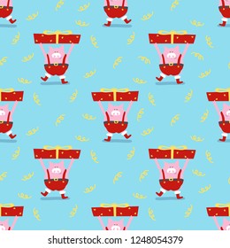Cute cartoon pink pig the symbol of chinese year 2019. Seamless pattern  graphic design. Funny Piggy in santa boots with gift box. Christmas Holiday decoration wrapping paper. Vector illustration