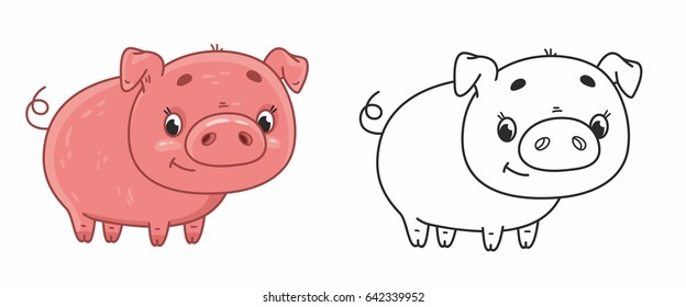 Cute cartoon pink pig. Vector pig in black outline. Vector illustration for kids
