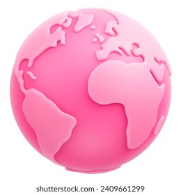 Cute cartoon pink planet Earth 3d vector icon on white background. Love around the world and Happy Valentine's day concept. Pink world. Love, peace and kindness in the whole world. Global love day