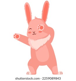 Cute cartoon pink rabbit dancing. Dabbing dance pose. Design of funny animals sticker for showing emotion. Vector illustration