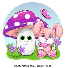 Cute cartoon pink rabbit with mushroom and butterfly. Vector illustration of animal.