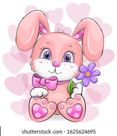 Cute Cartoon pink rabbit with purple flower. Illustration with animal on the hearted background.