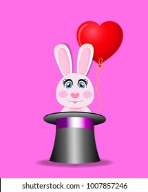 Cute cartoon pink rabbit with red heart shaped balloon sitting in the black magic cylinder hat isolated on rose background. Vector illustration, icon, clip art. Character for greeting card design.