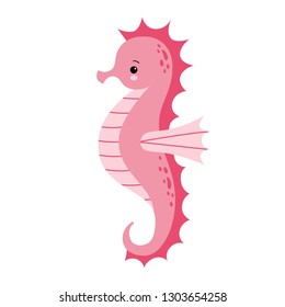 Cute cartoon pink Sea horse isolated. Seahorse on a white background, vector illustration.