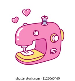 Cute cartoon pink sewing machine with hearts, Love sewing vector illustration.