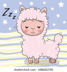 Cute Cartoon Pink Sleeping Alpaca on striped background