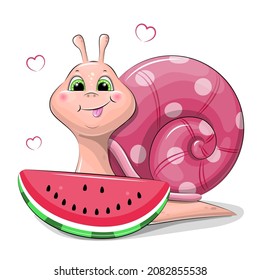 Cute cartoon pink snail with watermelon. Vector illustration of an animal on a white background.