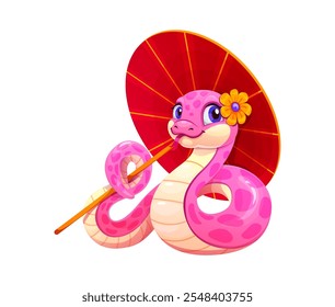 Personaje lindo de la serpiente rosada de la historieta que sostiene una sombrilla roja. Símbolo del año lunar chino 2025. Serpiente animal reptil con una flor en su cabeza, Grandes ojos azules, lengua y sonrisa suave acostado en pose elegante