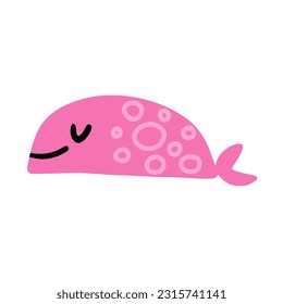 Cute cartoon pink spotted fish. Happy character. Childish naive vector illustration on white background.