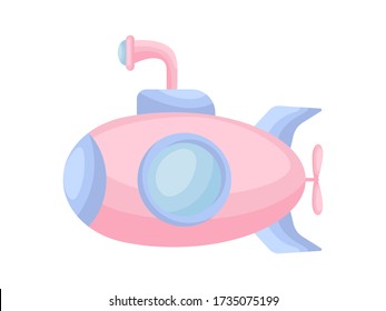 Cute cartoon pink submarine with periscope for design of album, scrapbook, card and invitation. Flat cartoon colorful vector illustration isolated on white background. 