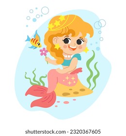 Cute cartoon pink tail mermaid with a friend fish. Vector cartoon isolated illustration in flat style. White background. For print, design, poster, sticker, card, decoration and t shirt design