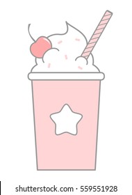 cute cartoon pink take-out plastic cup with whipped cream and cherry vector illustration isolated on white background