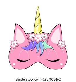 Cute cartoon pink unicorn mask. Vector illustration isolated on white.