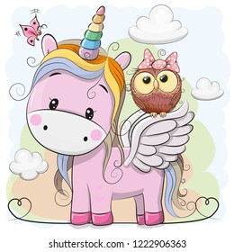 Cute Cartoon pink Unicorn with owl in a bow