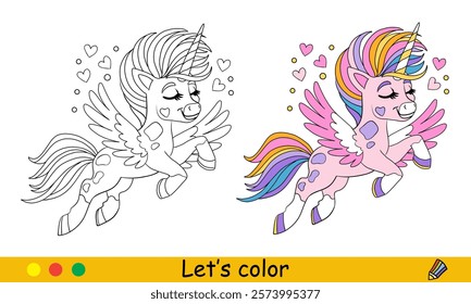 Cute cartoon pink unicorn with wings coloring page with color sample. Vector illustration. Unicorn character. Black contour on white background, colored template. For coloring, print, design, stickers