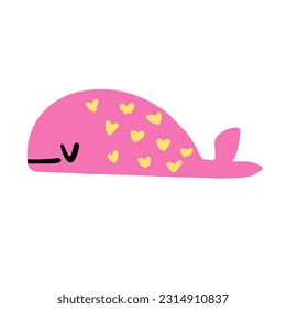 Cute cartoon pink whale with yellow hearts. Children's naive vector illustration isolated on white background.