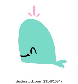 Cute cartoon pink whale with yellow hearts. Splatter. Childish naive vector illustration isolated on white background.