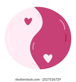 Cute cartoon pink Yin Yang sign with hearts from hippie 70s. Retro symbol of balance, harmony, yoga, relax. Trendy symbol of hippy and Y2k aesthetic. Hand drawn nostalgic clipart isolated on white.