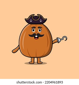 Cute cartoon pirate almond nut with hook hand in flat modern style design