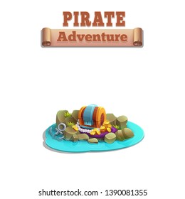 Cute cartoon pirate background - treasure chest and ship elements on the uninhabited small island. Vector illustration isolated on white background.