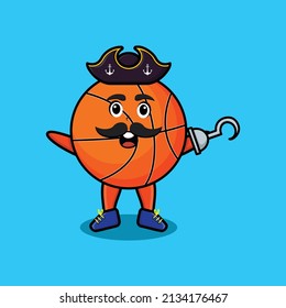 Cute cartoon pirate basketball with hook hand in 3d modern style design