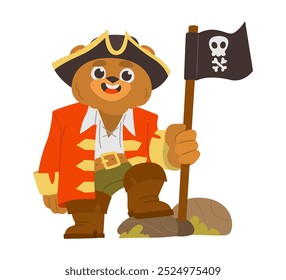 Linda caricatura de un oso pirata con un sombrero y un abrigo rojo, sosteniendo una bandera pirata con un cráneo. Ilustración de carácter plano. Concepto de aventura y vida marina.